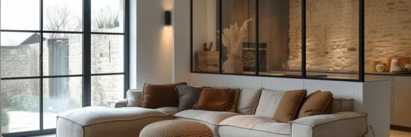 image d'une décoration d'intérieur sobre avec des murs en pierres et légèrement éclairé