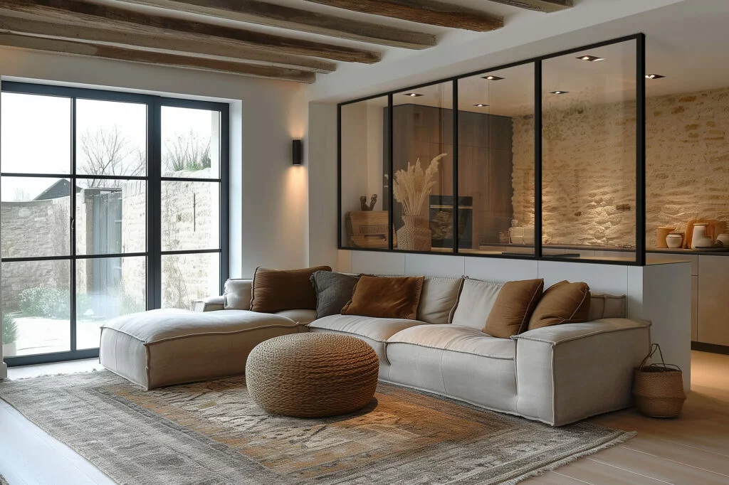 image d'une décoration d'intérieur sobre et éclairé par des petites lumières avec des murs en pierres. 